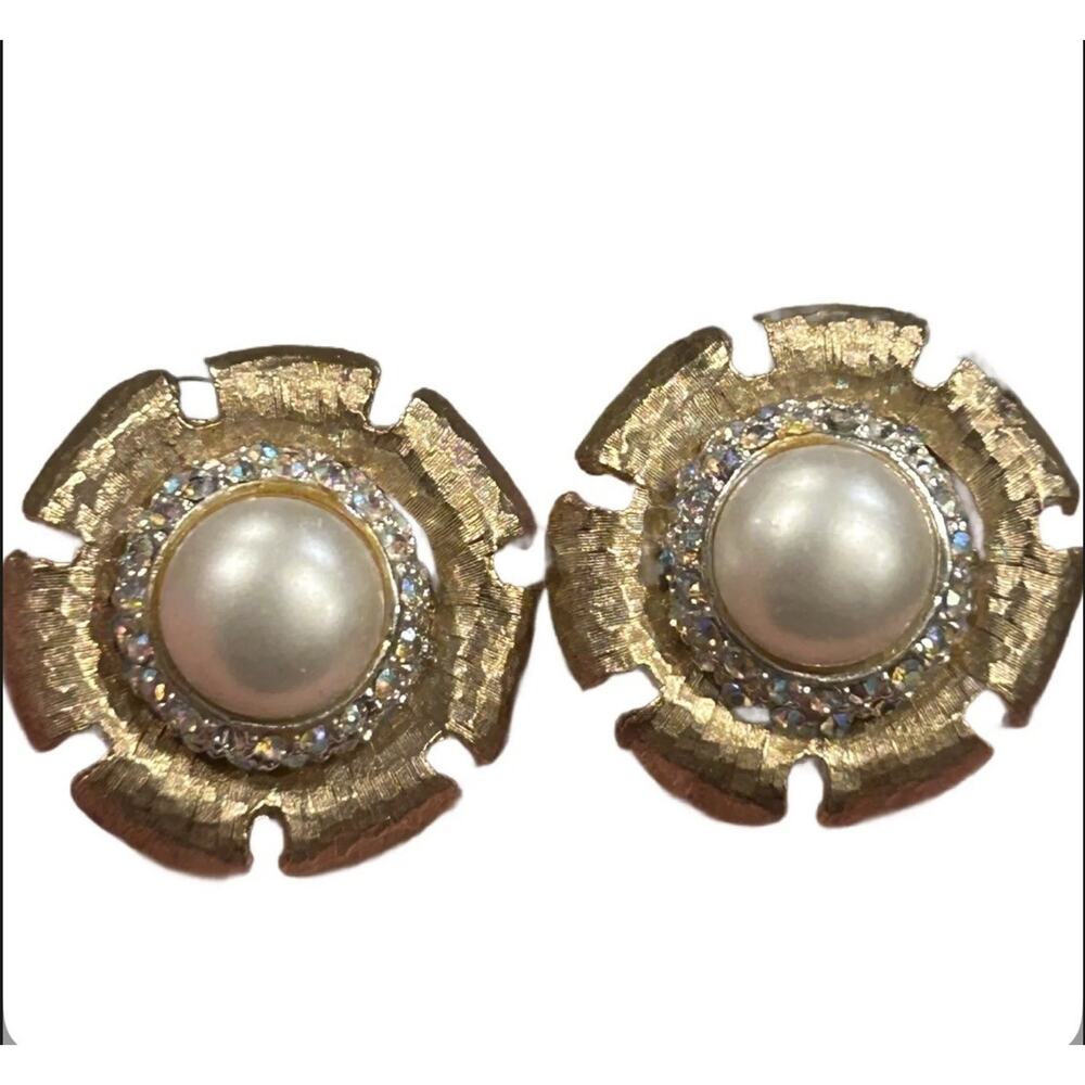 Vintage Signed Marboux Boucher Faux-Pearl Aurora Borealis Bridal Clip Earrings